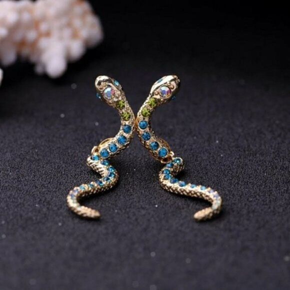 Blue Crystal Snake Vintage Gold Stud Drop Statement Earrings - Picture 13 of 13